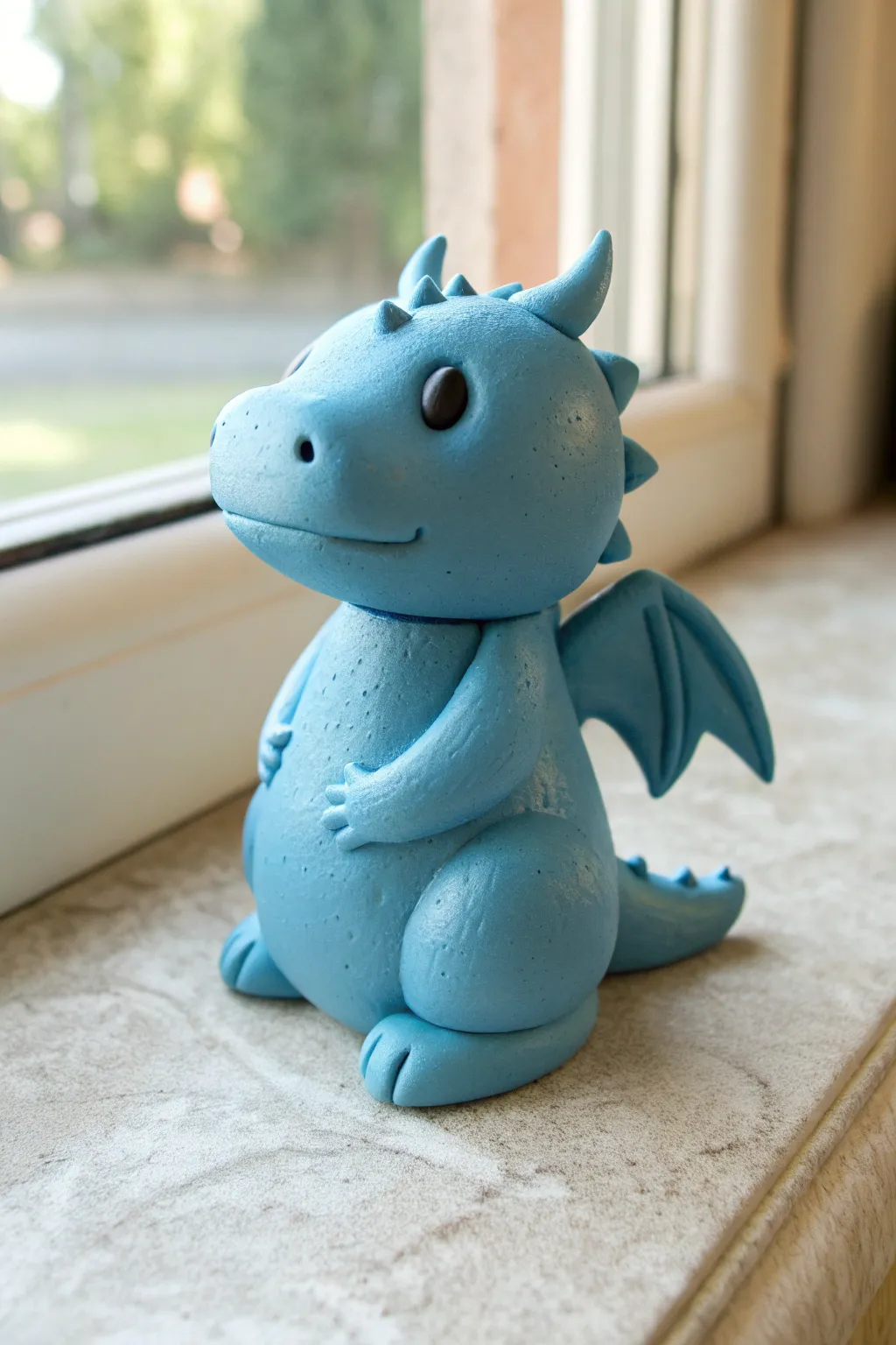 Sweet blue clay dragon hatchling, simple shapes, cozy minimalist vibe for easy DIY pottery ideas.