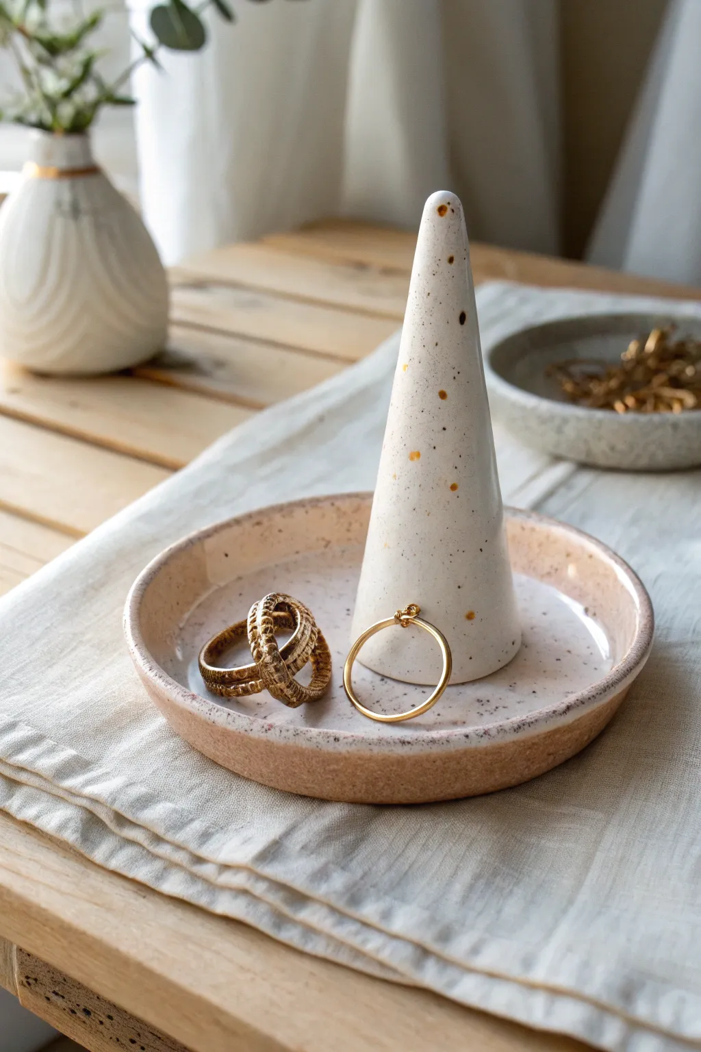 Minimal ring cone and catchall duo in soft glazes, a simple ceramic project for everyday elegance
