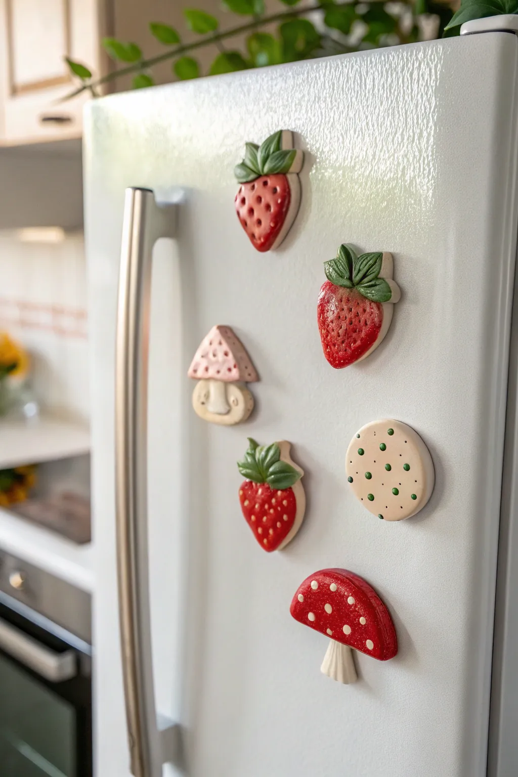 Handmade ceramic magnets with tiny strawberry, leaf, and mushroom motifs on a minimal white fridge.