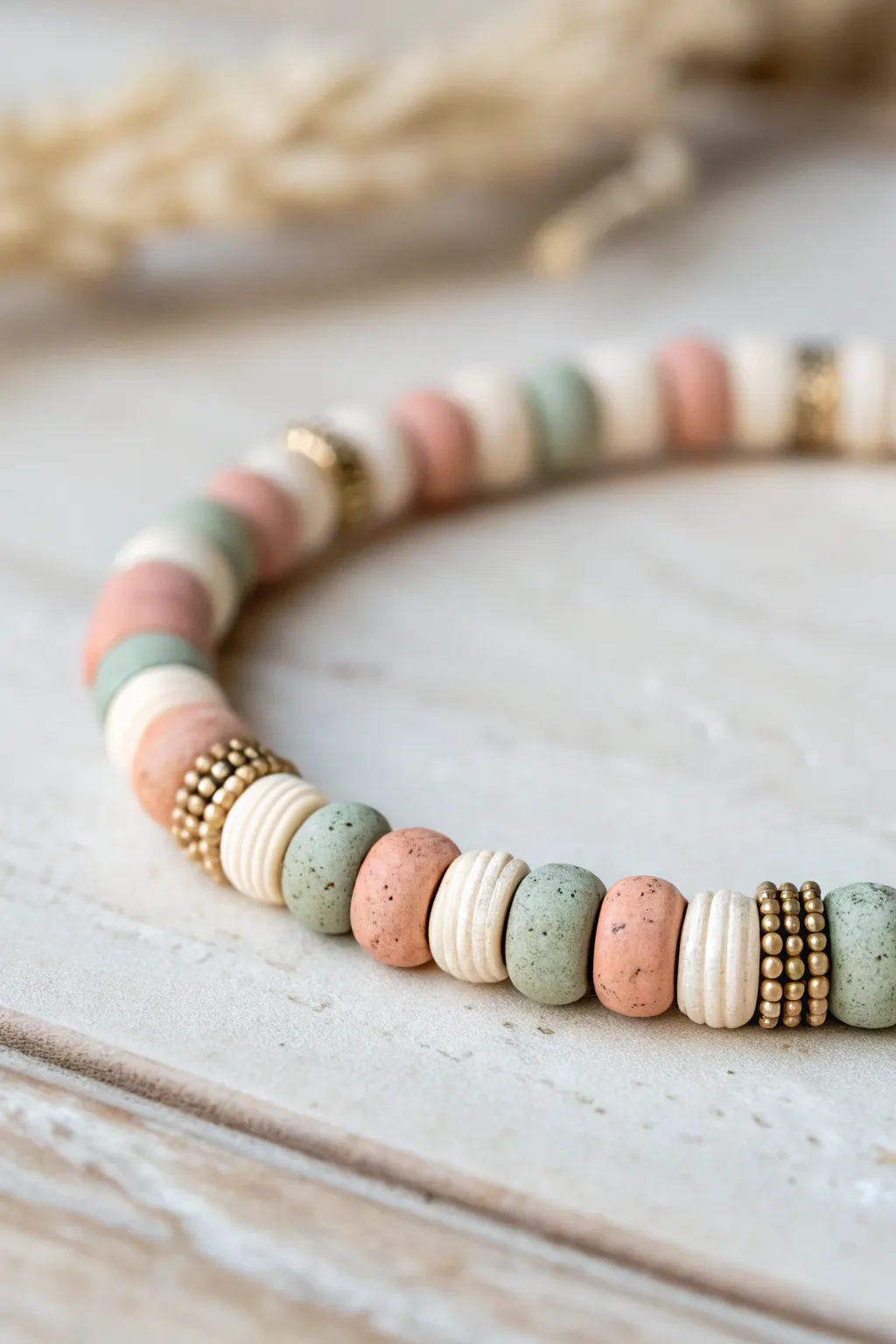 Close-up clay bead bracelet with tiny spacer beads creating an easy dotted rhythm pattern.
