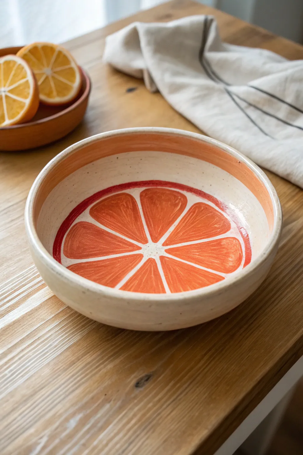 Bright citrus slice painted clay bowl, a playful minimalist ring dish with sunny boho charm.