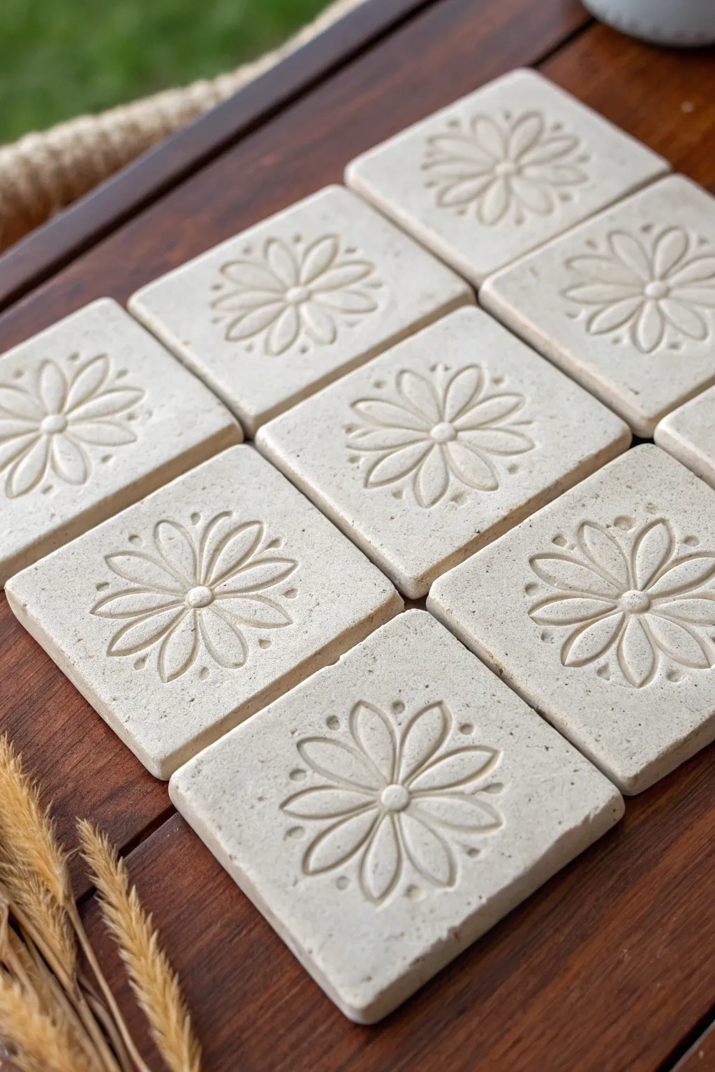 Sweet hand-carved floral medallion tiles in a tidy grid, Scandinavian calm with boho warmth