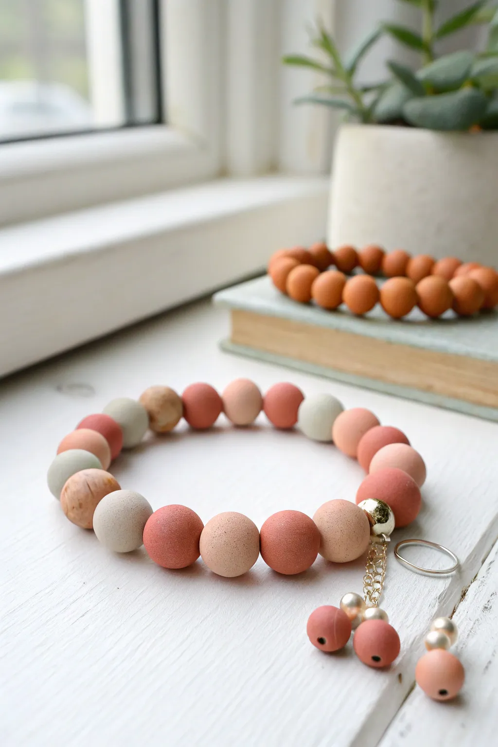 Chunky clay bead bracelets in soft earthy tones, styled simply on a bright minimalist surface