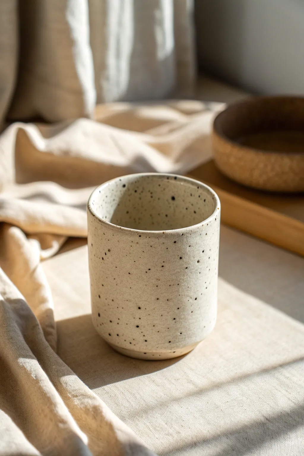 Speckled minimal clay cup in soft natural light, simple shape and glaze that highlight texture.