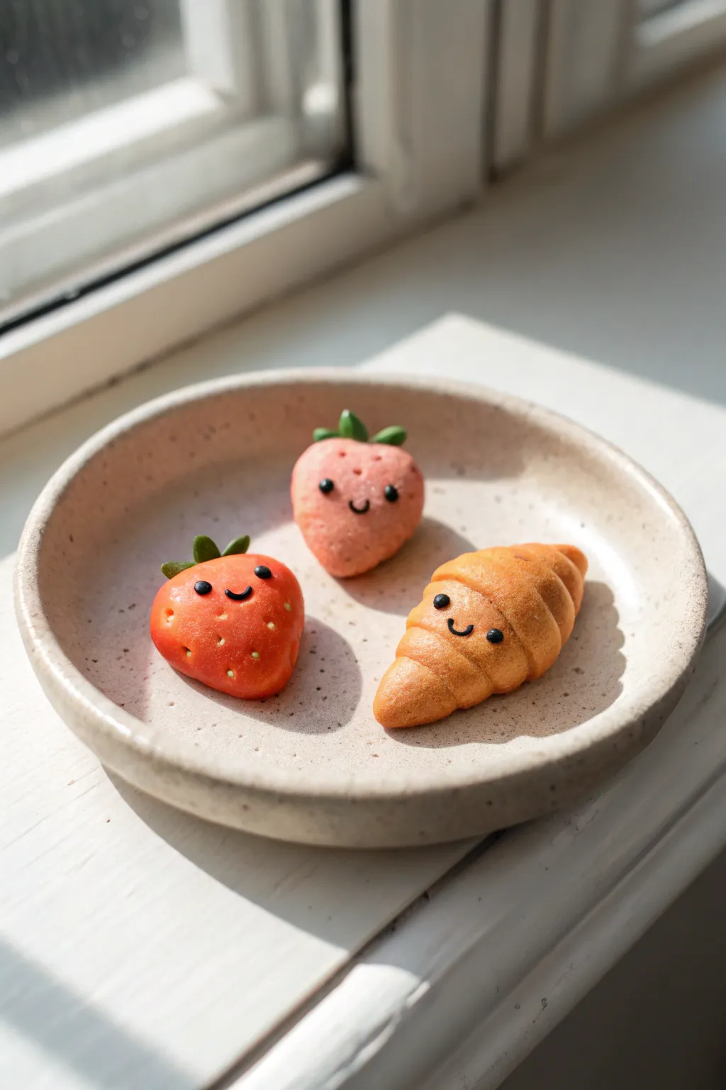 Tiny strawberry and croissant clay cuties on a simple plate for the sweetest date night craft.