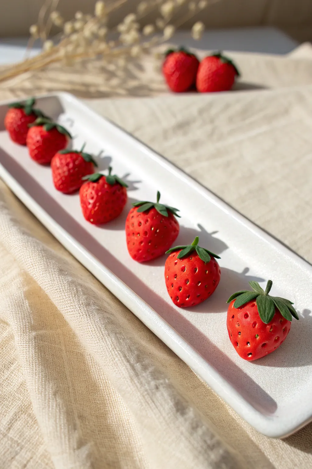 Beginner-friendly clay strawberry mini toppers lined like charms for a sweet, simple food craft