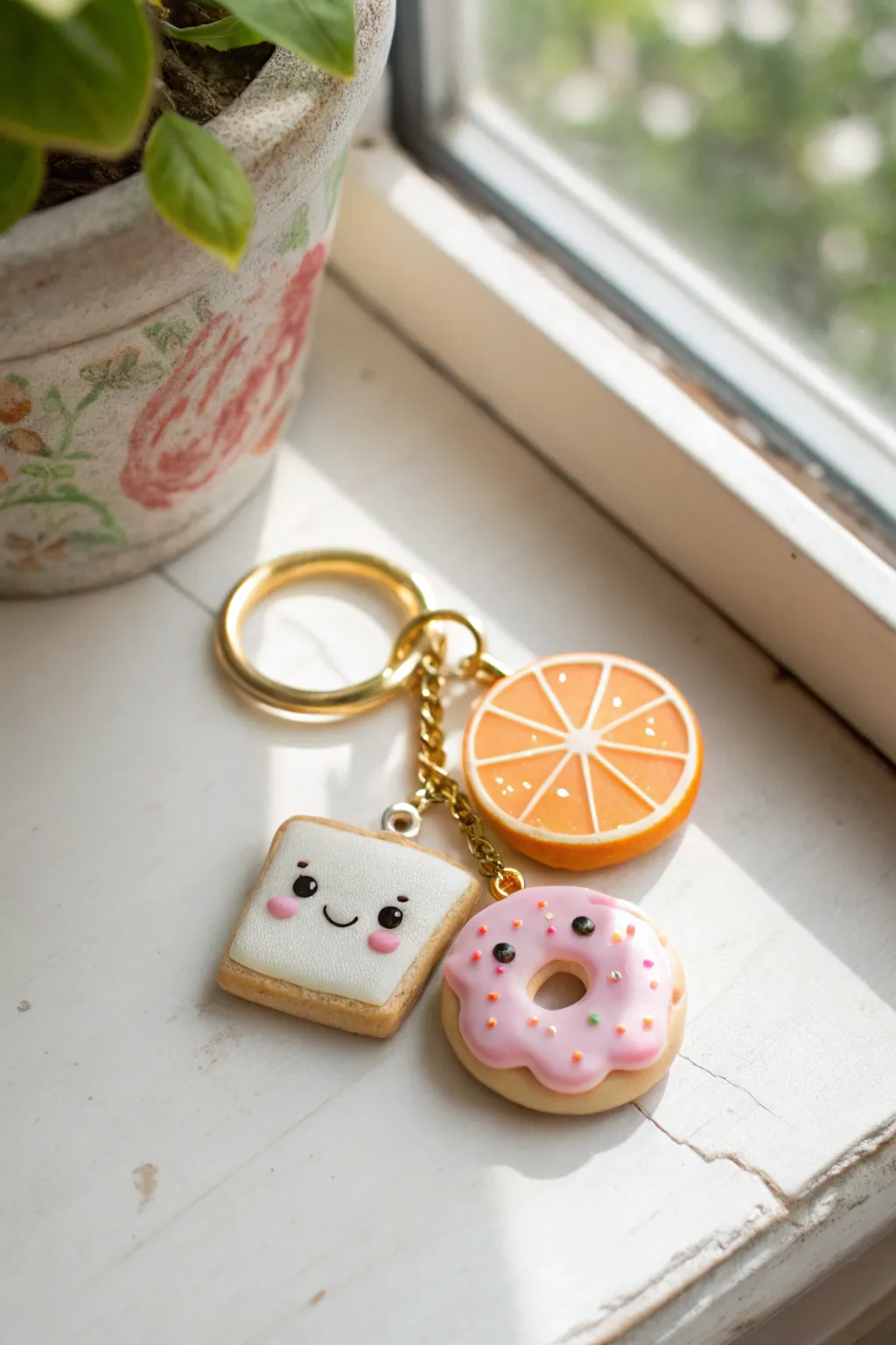 Easy kawaii clay food charms: donut, fruit slice, and toast in soft minimalist pastel style.