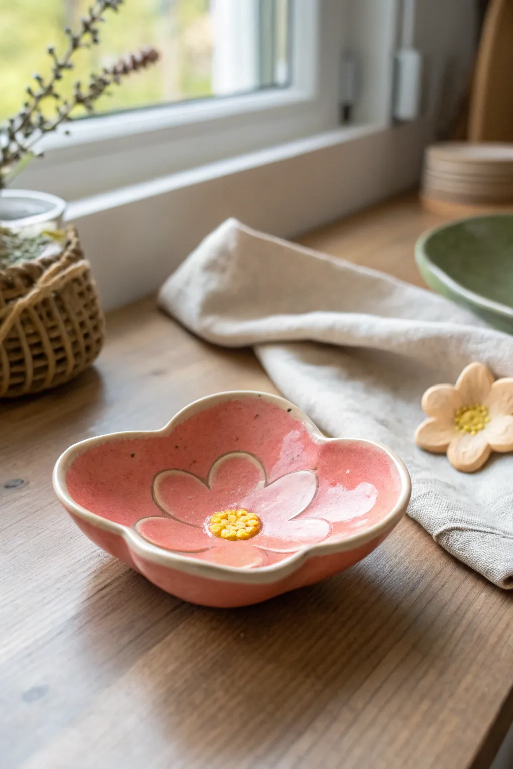 A sweet thumbprint flower trinket dish in bright petals and a contrasting center, simple and cute.