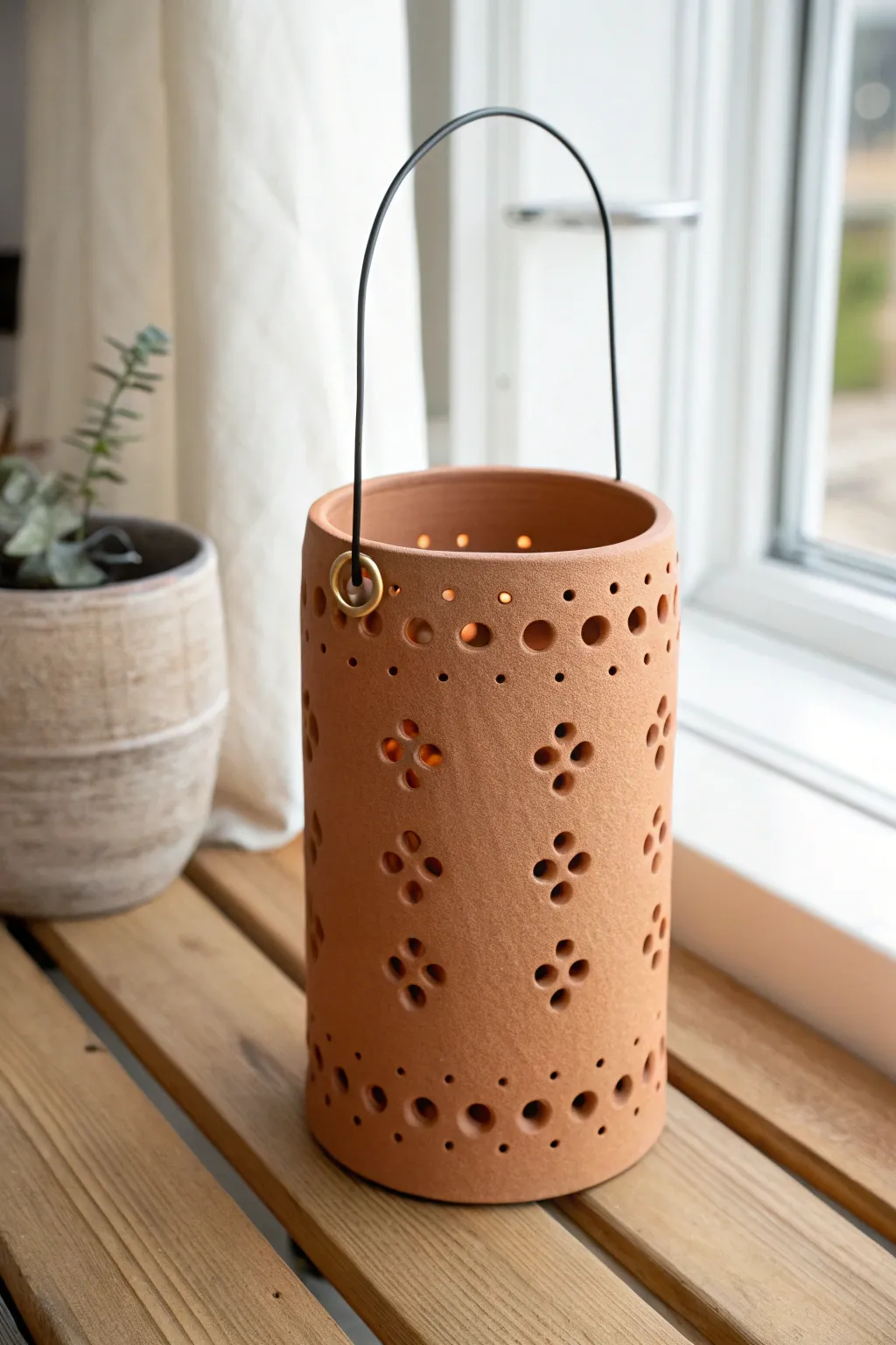 A pierced clay lantern with a wire handle, hanging neatly and casting cozy patterned light.