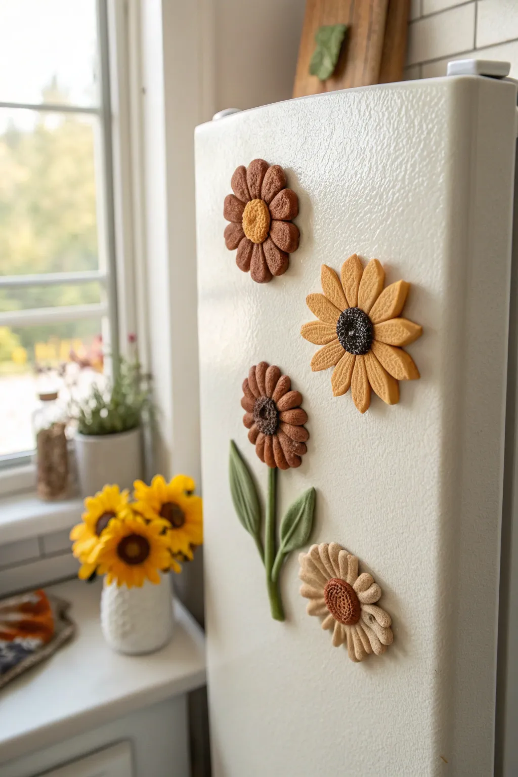 Simple daisy and sunflower clay magnets that brighten your fridge with minimalist boho charm