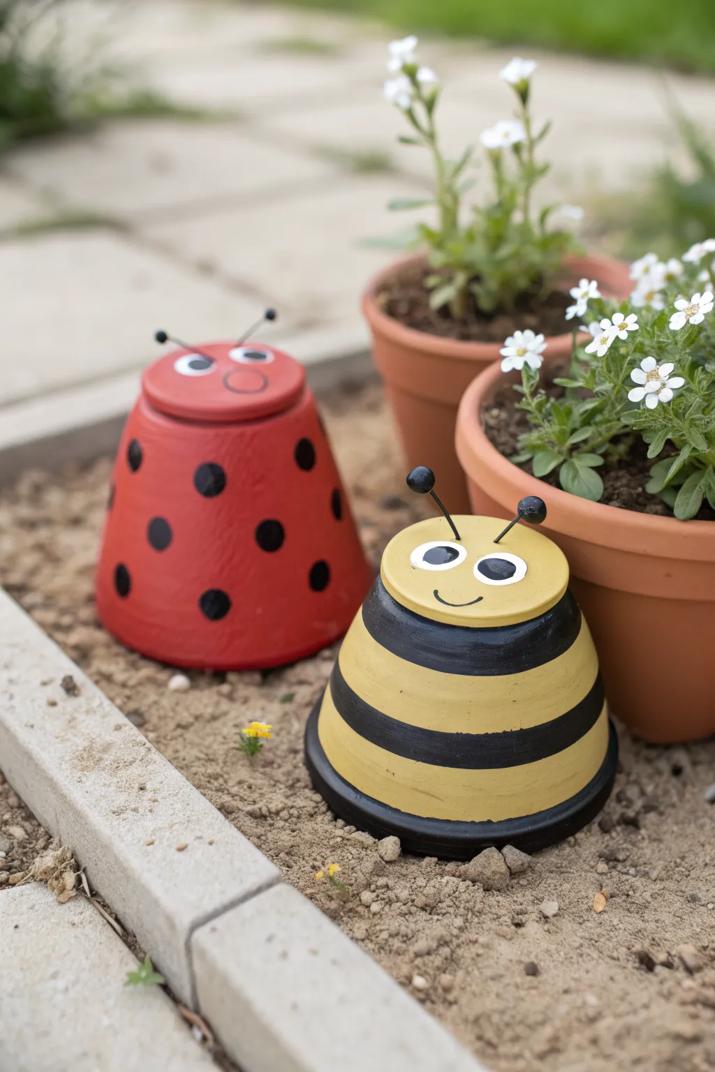 Easy bug-themed clay pots: a ladybug and bumblebee pair for a sweet garden touch