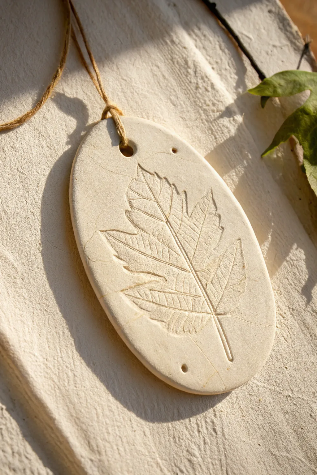 Minimal clay leaf-imprint hanging plaque in soft light, simple, calming, and easy to recreate