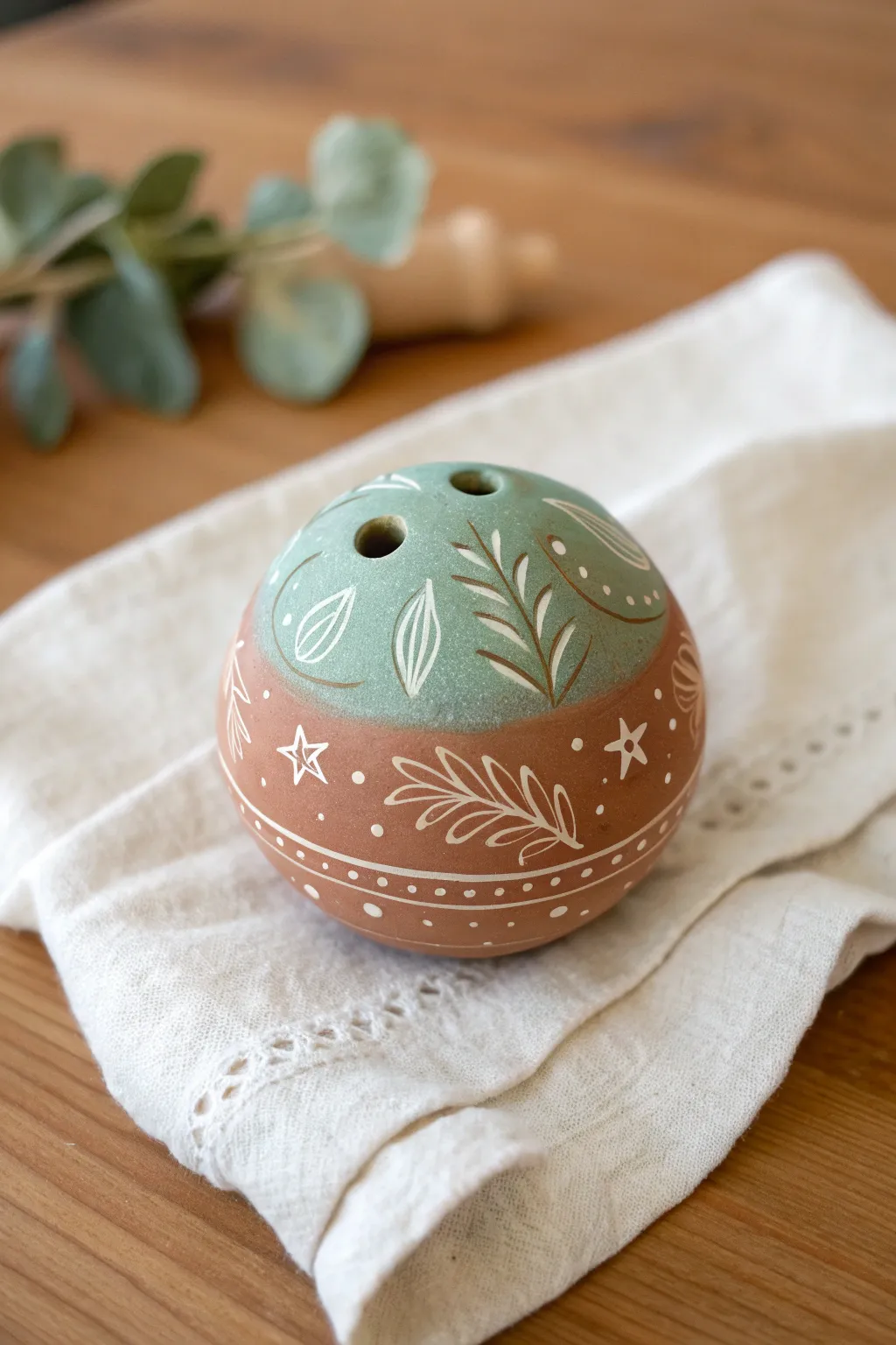 Minimal sgraffito doodle rattle with stars and waves, matte colors, and calm Nordic-boho styling.