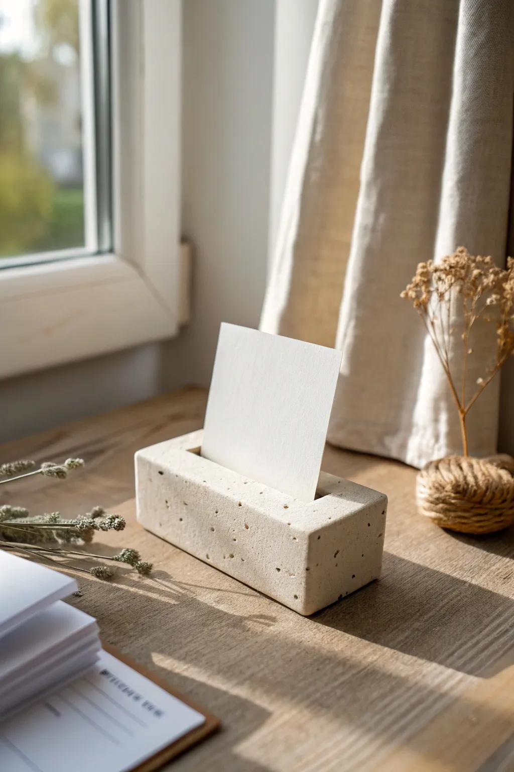 Minimal slab-built clay card stand with clean lines, soft neutrals, and natural light.