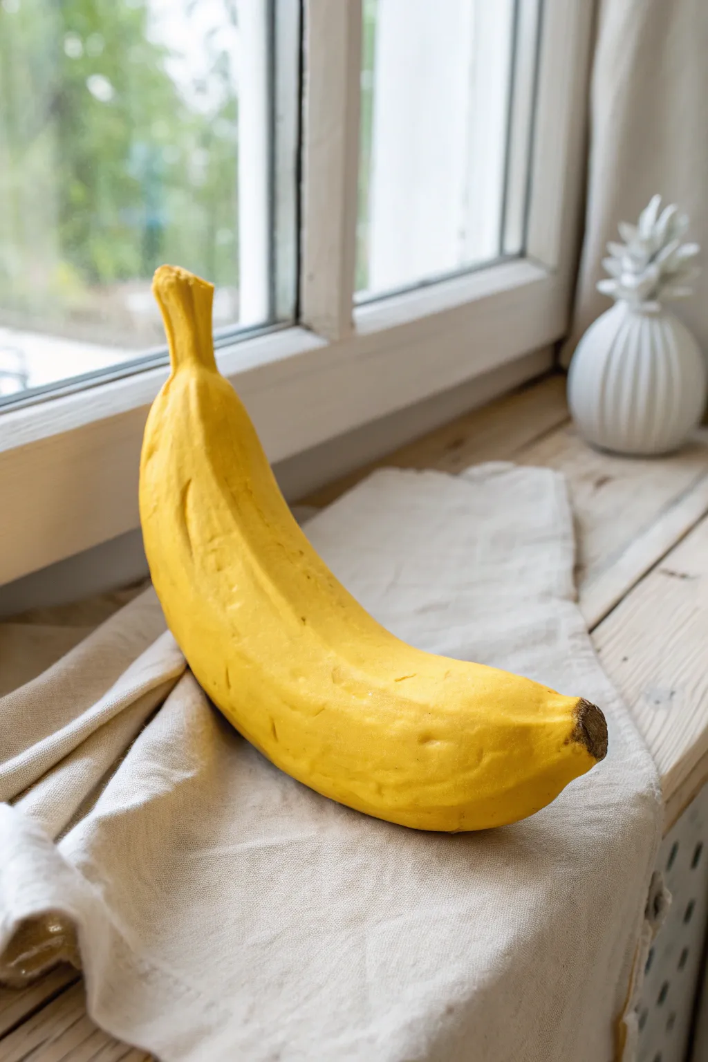 Chunky peel-twist clay banana: a bright, kid-friendly sculpture with simple, playful curves.