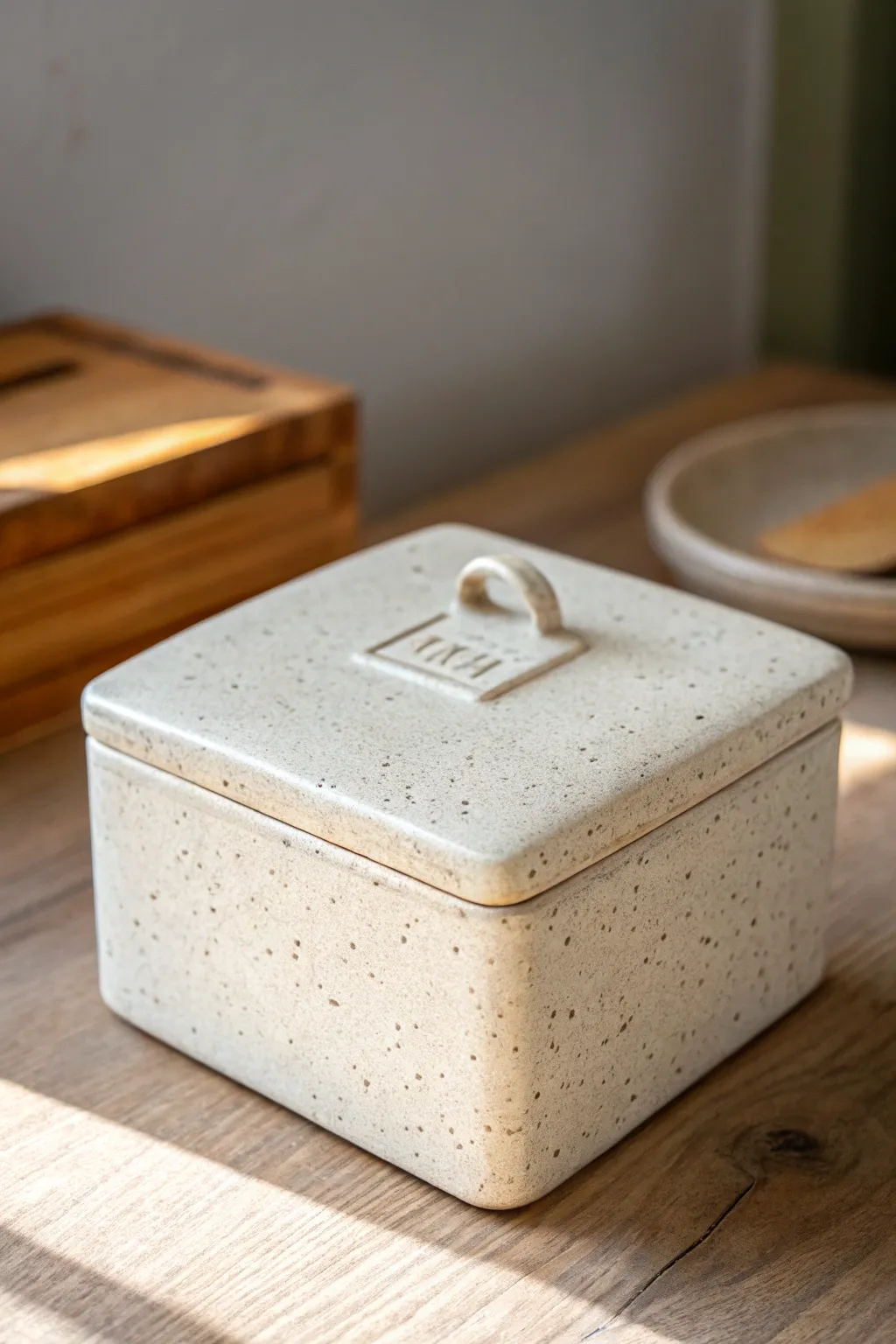 Handmade slab box with a charming raised nameplate lid, minimalist and softly boho.