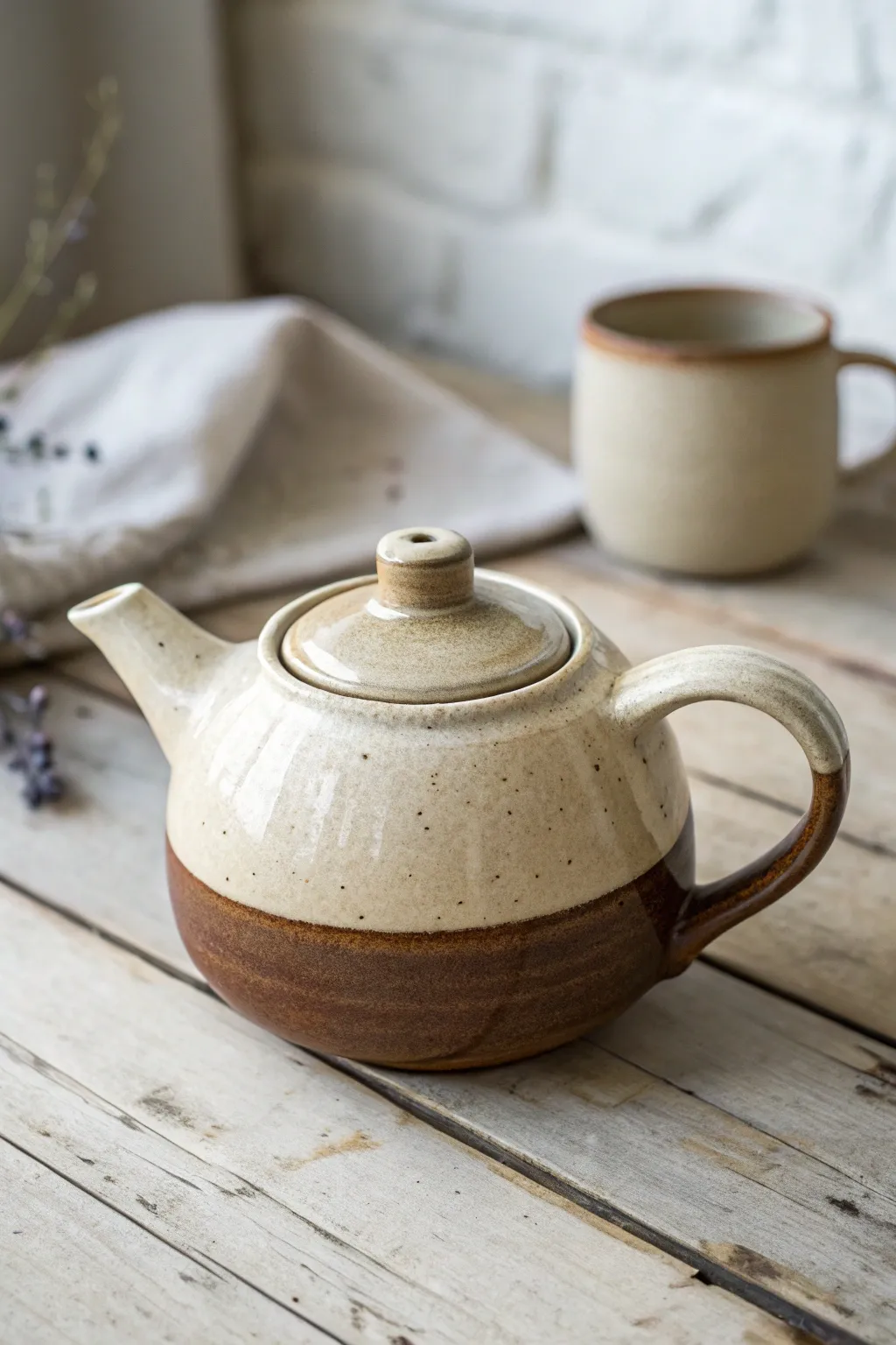 Minimal two tone dipped glaze teapot in soft neutrals, easy DIY inspiration for calm tea rituals.