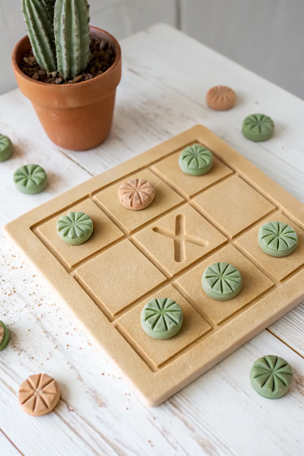 Desert themed clay tic tac toe board with cute cactus pieces and swirled succulent rosettes