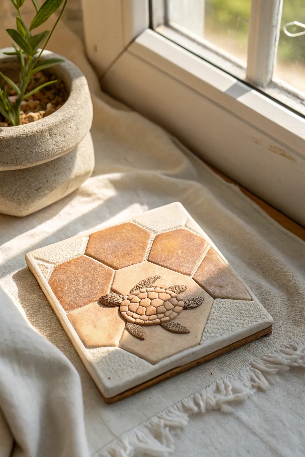 Soft low-relief turtle shell tile in warm clay tones, a simple DIY accent with calm boho charm.