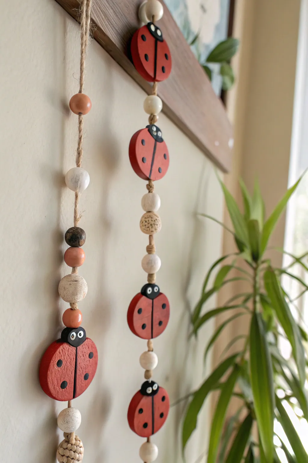 Sweet ladybug bead garland in air-dry clay for a cozy minimalist boho wall moment