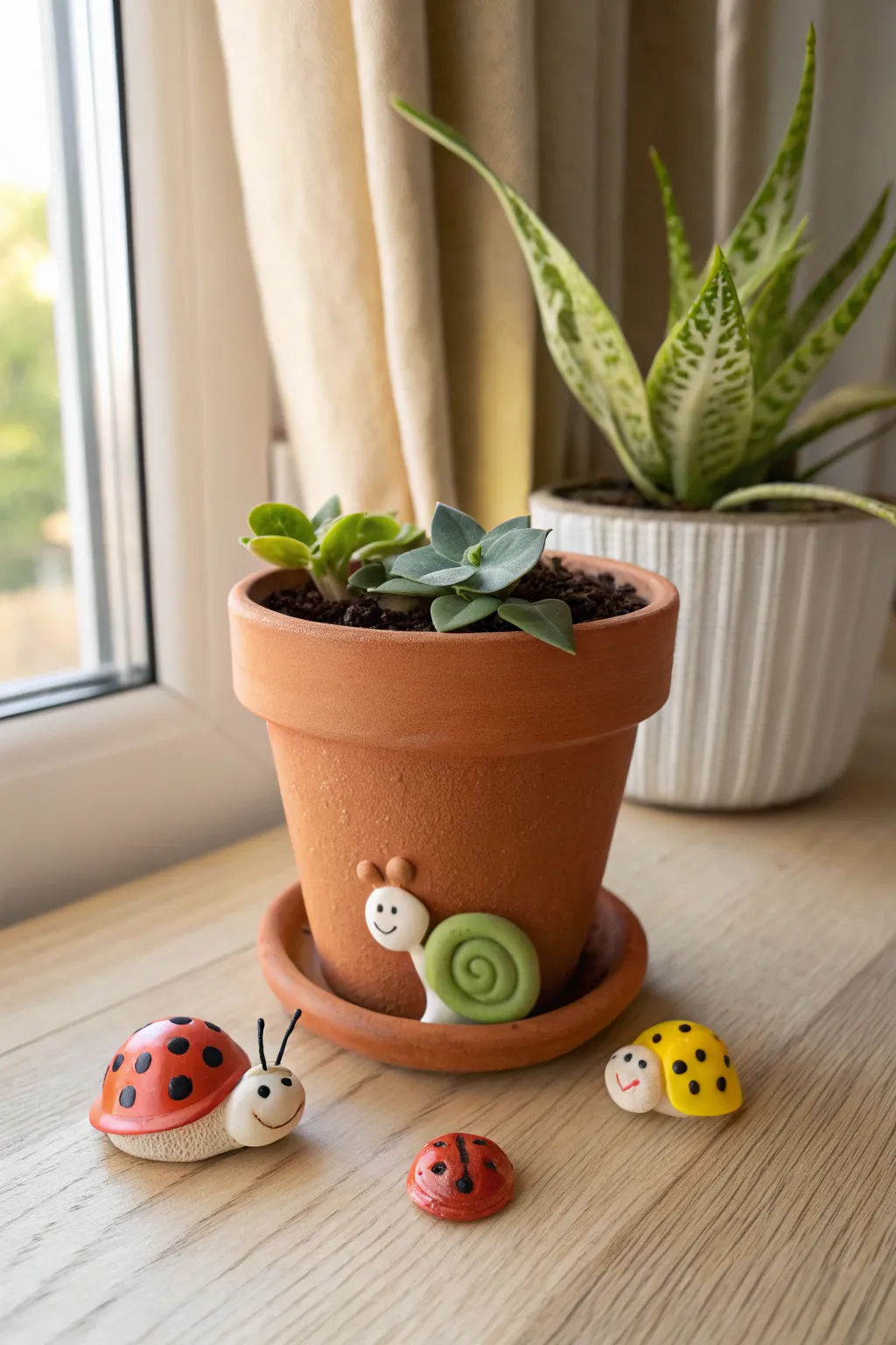 Tiny Plant Pot Pals: cute kid-made clay snails and ladybugs brightening a minimalist terracotta pot.