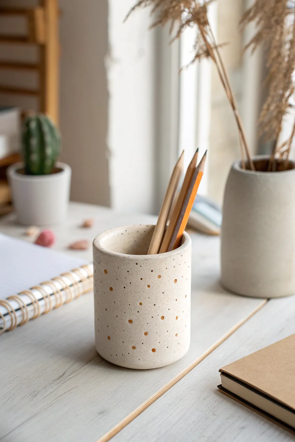 Minimal air-dry clay pen cup with pressed texture, perfect for a calm, tidy desk