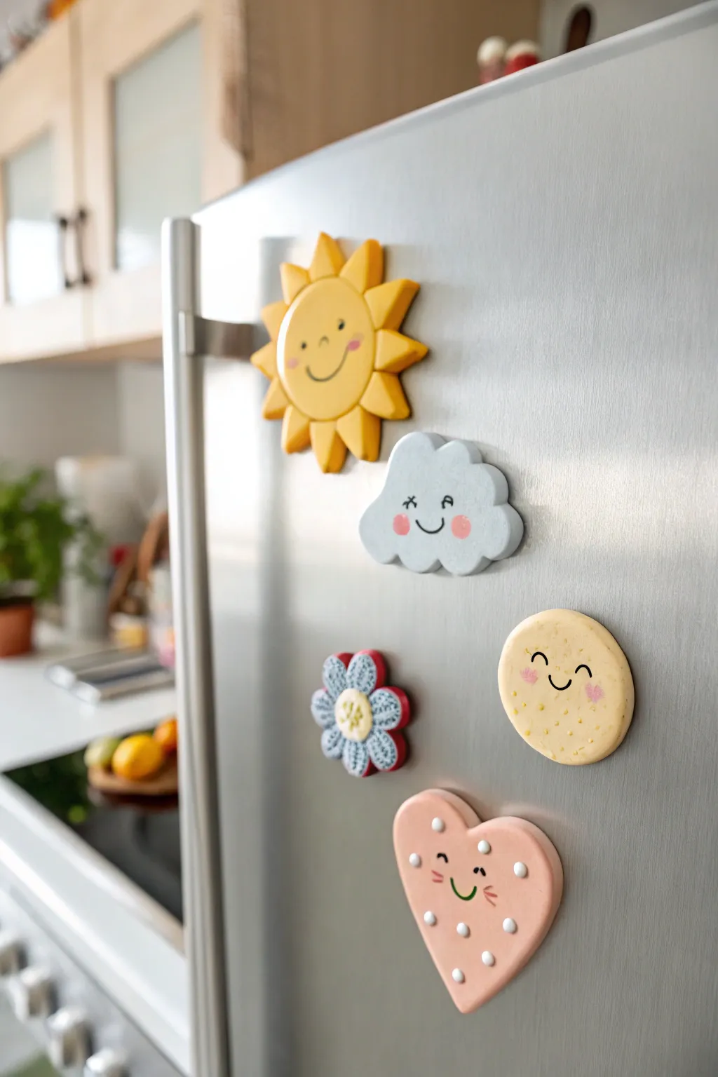 Cute air-dry clay fridge magnets with sweet faces, minimalist and cheerful for your kitchen