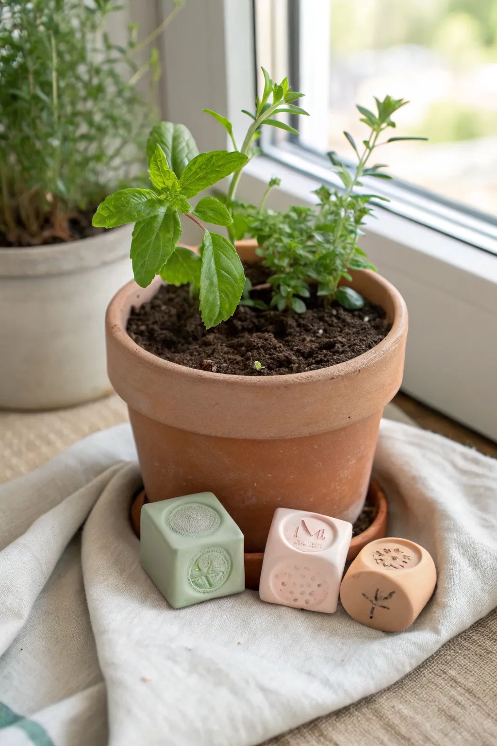 Simple clay plant markers in a small herb pot, minimalist and boho for easy DIY charm.