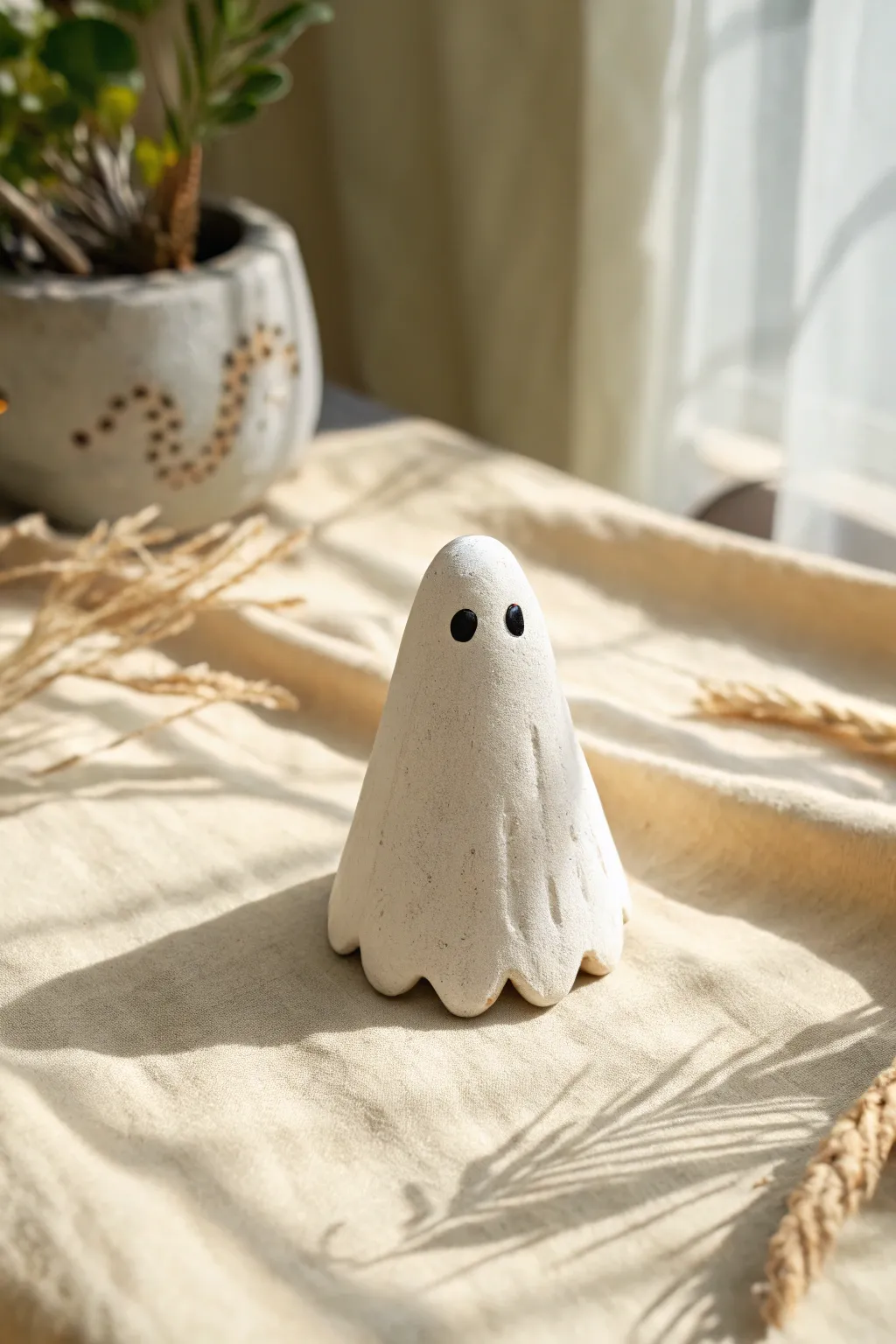 Tiny white clay ghost with simple black eyes, minimalist and cute, perfect for easy beginner figures