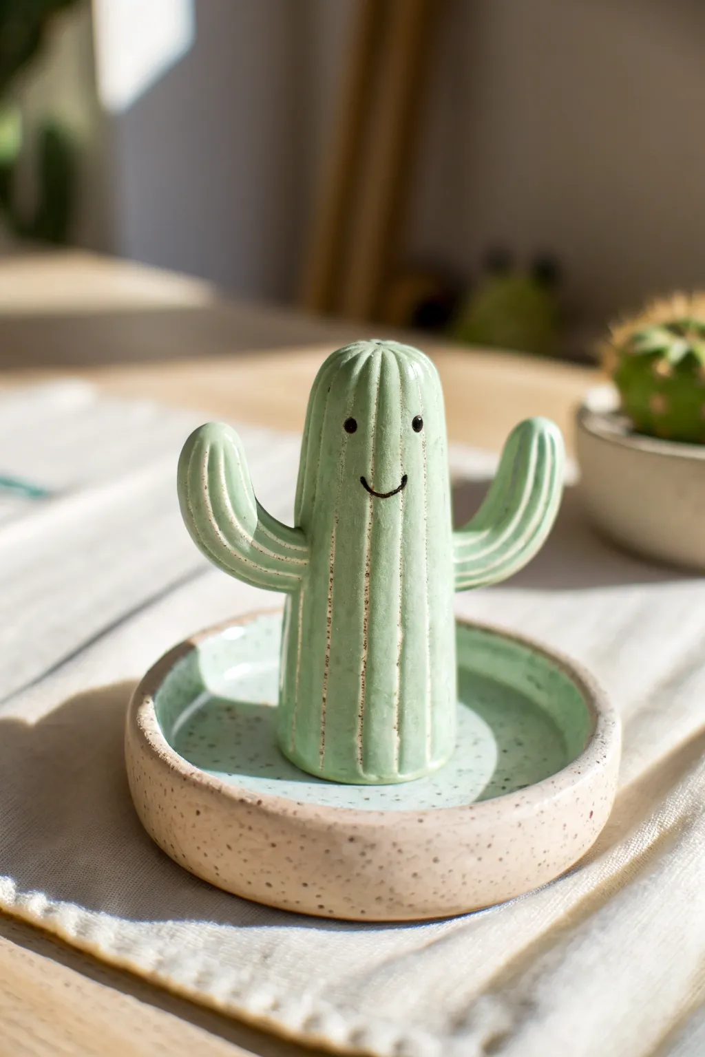 A smiling mini cactus ring holder in pastel green, the cutest easy clay idea for your vanity