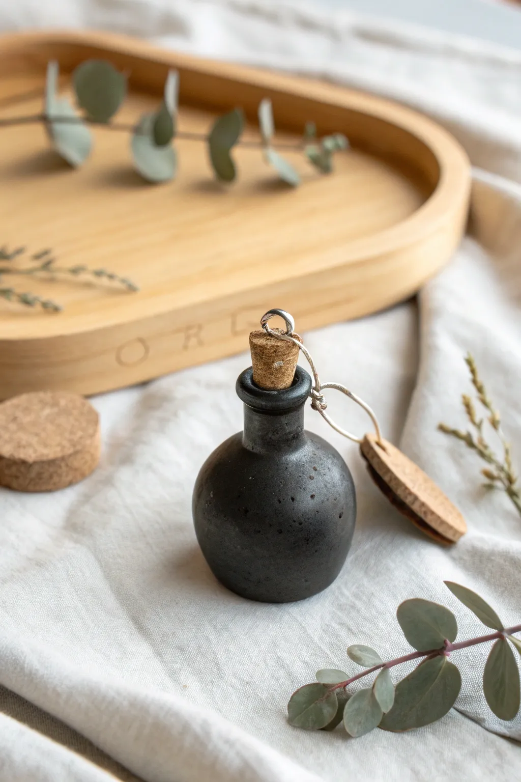 Mini clay potion bottle charm with a simple blank label, minimalist Halloween magic for beginners.
