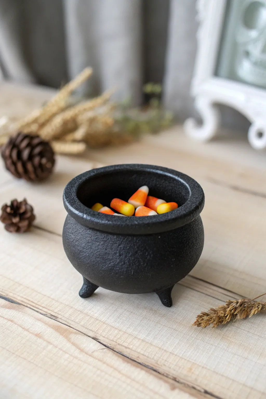 Mini black cauldron trinket dish with candy-corn charms for an easy spooky-cute clay DIY