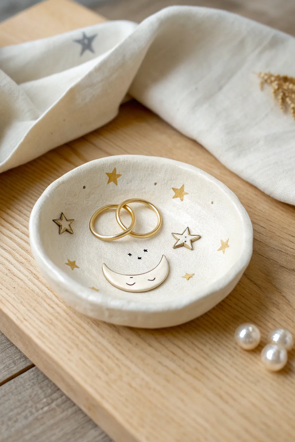 Soft kawaii star and moon trinket dish to hold rings and beads in minimalist boho style
