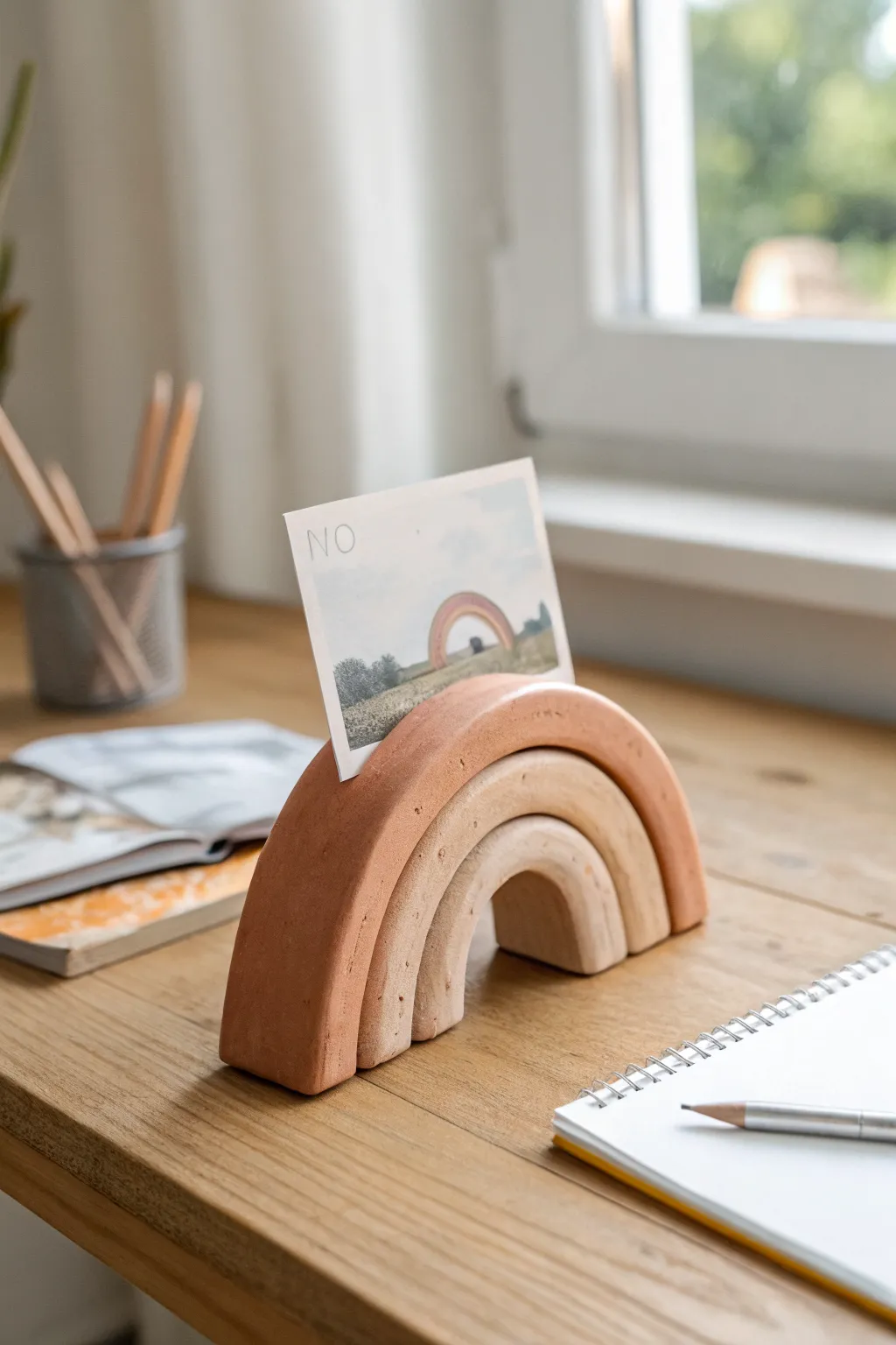 Minimal arch clay photo holder with postcard, perfect quick DIY for cozy desks at home.