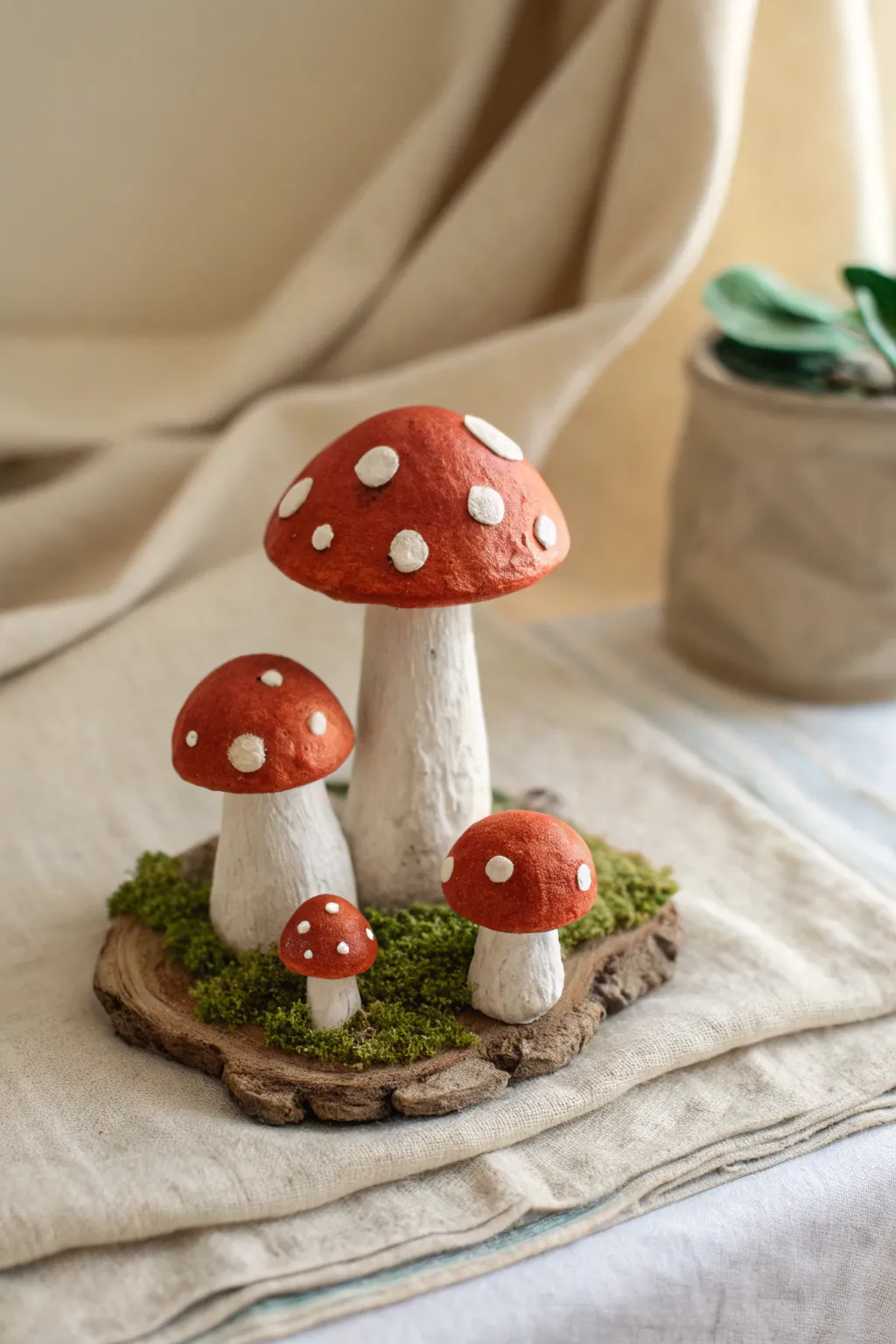 Mini clay toadstool cluster with red caps and white dots, a cute minimalist forest accent