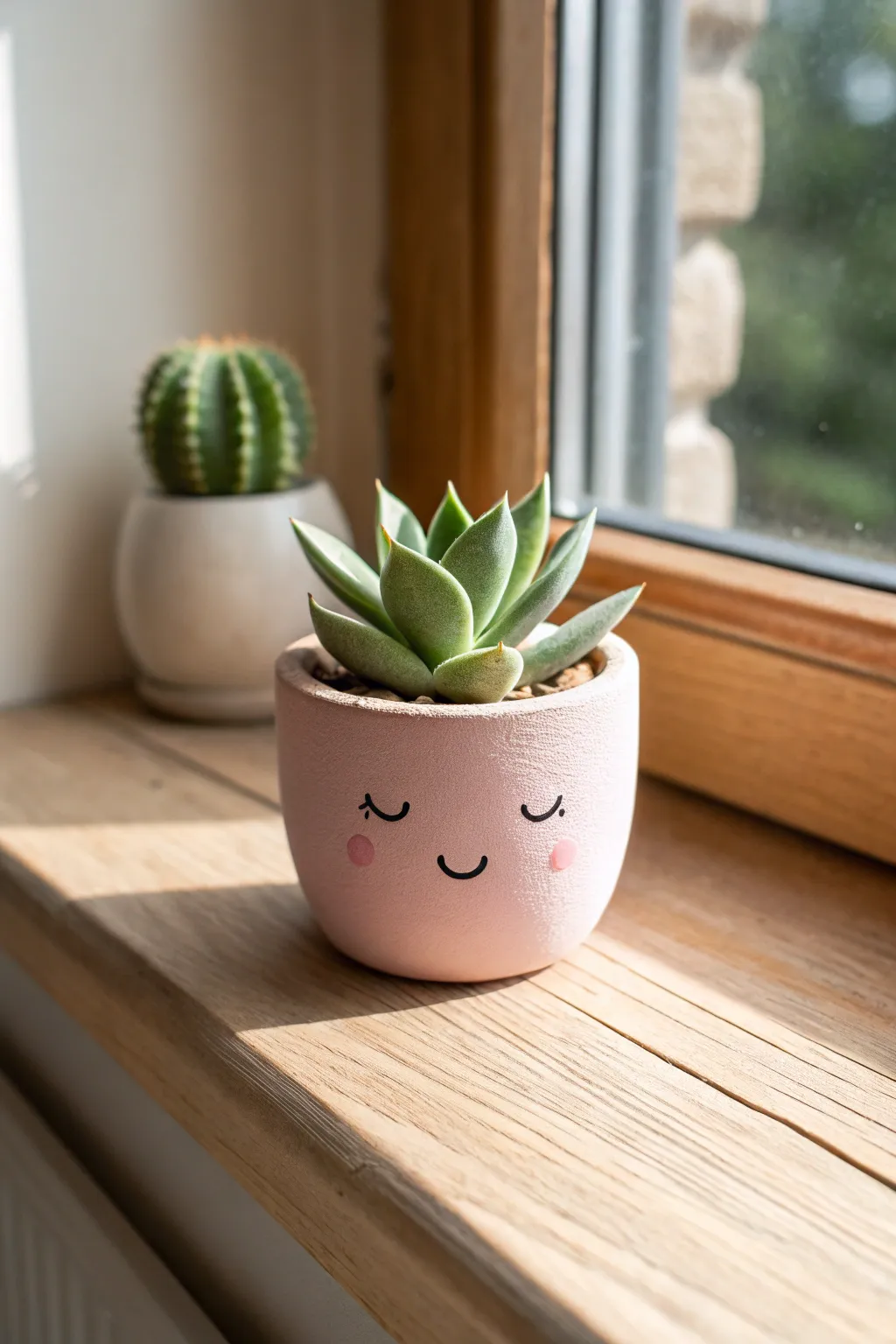 Mini succulent in a cute smiley pot, simple clay craft with Scandinavian-boho windowsill styling.