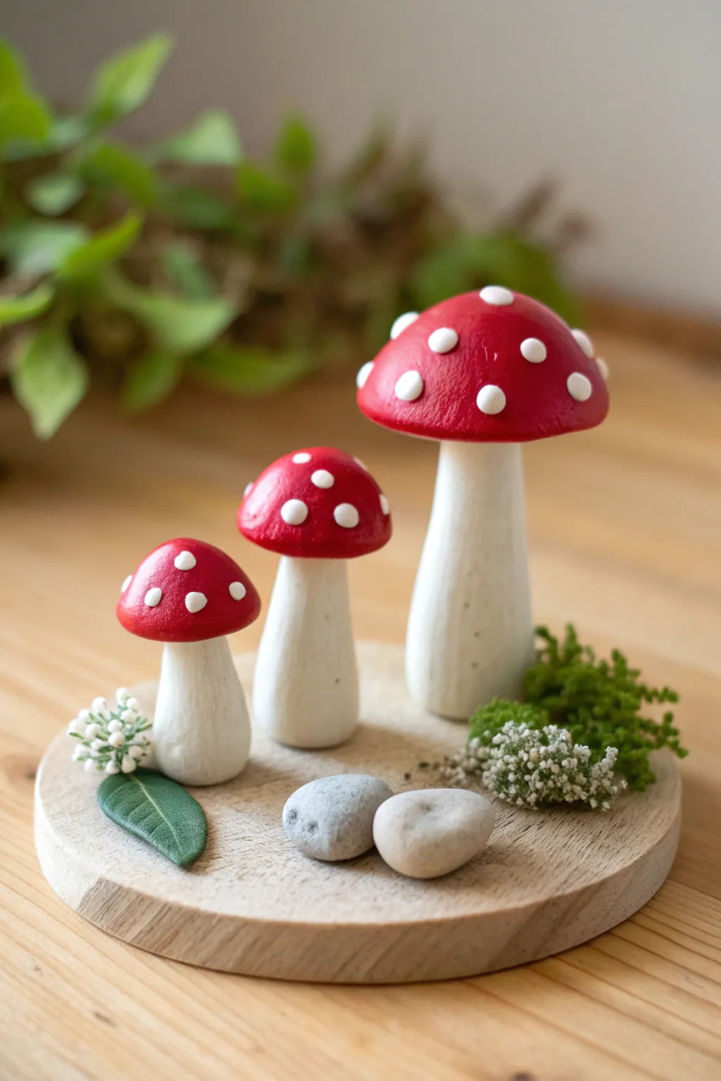 Cute polymer clay fairy garden mushroom set on light wood, perfect easy kids craft idea