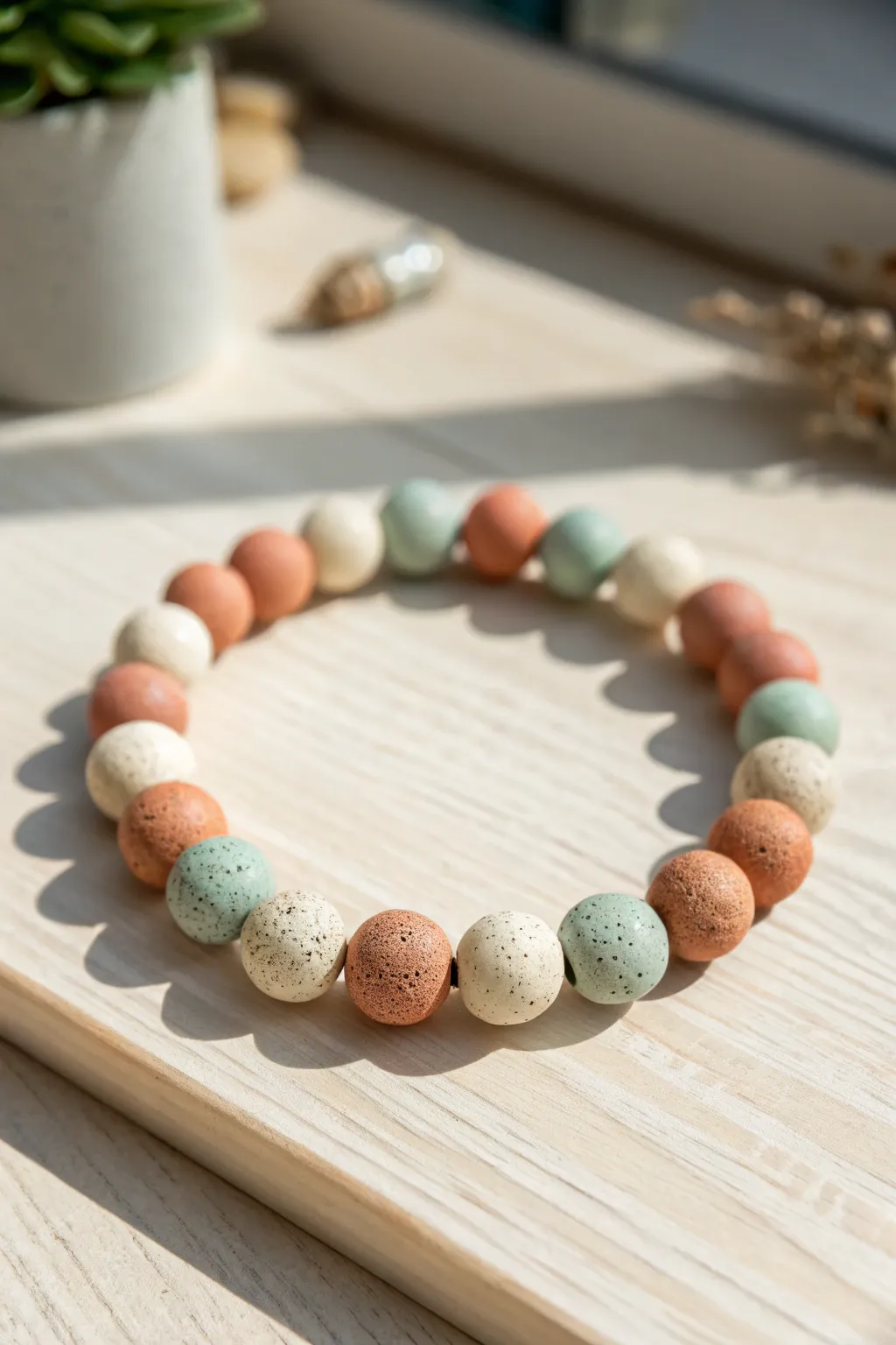 Soft-toned polymer clay bead stretch bracelet, minimalist and handmade for everyday wear.