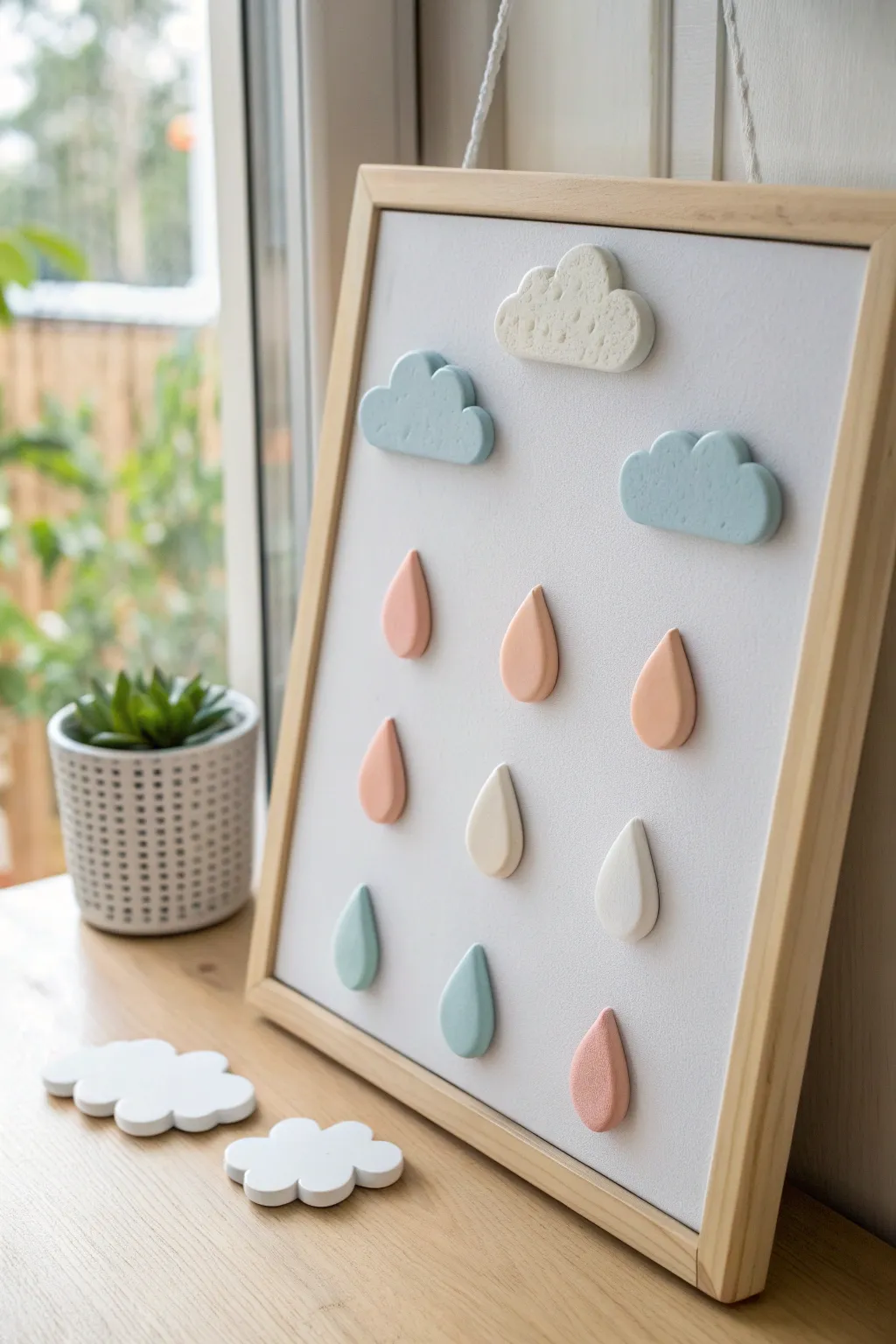 Soft cloud and raindrop polymer clay magnets in gentle pastels, minimalist and cozy.