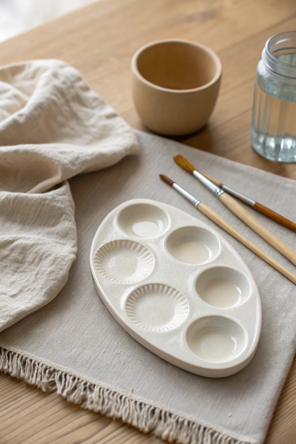A creamy ceramic paint palette with soft wells and simple brushes for an artist-like moment