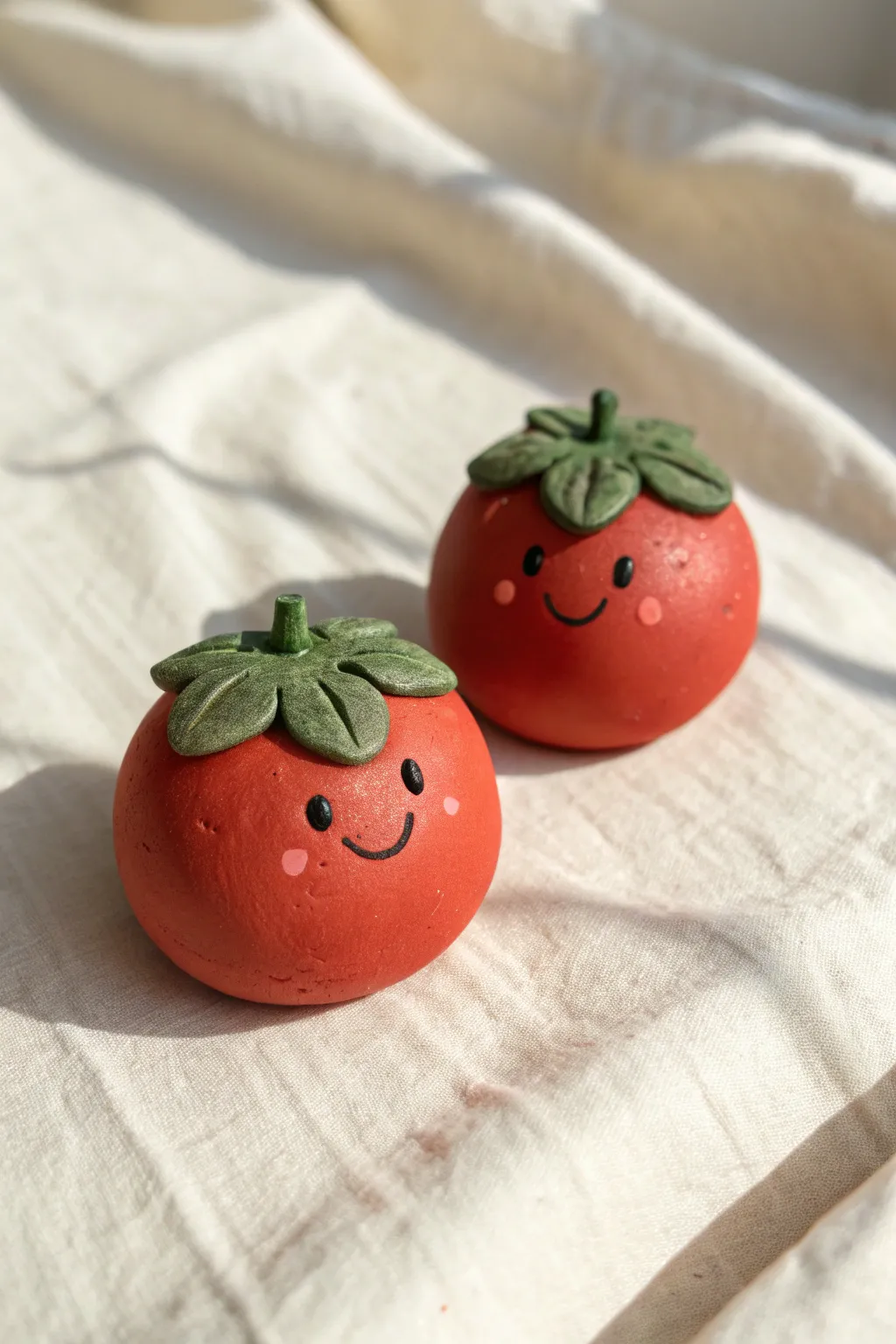 Two cute red clay tomato friends with tiny faces, styled bright and minimal for easy DIY inspiration
