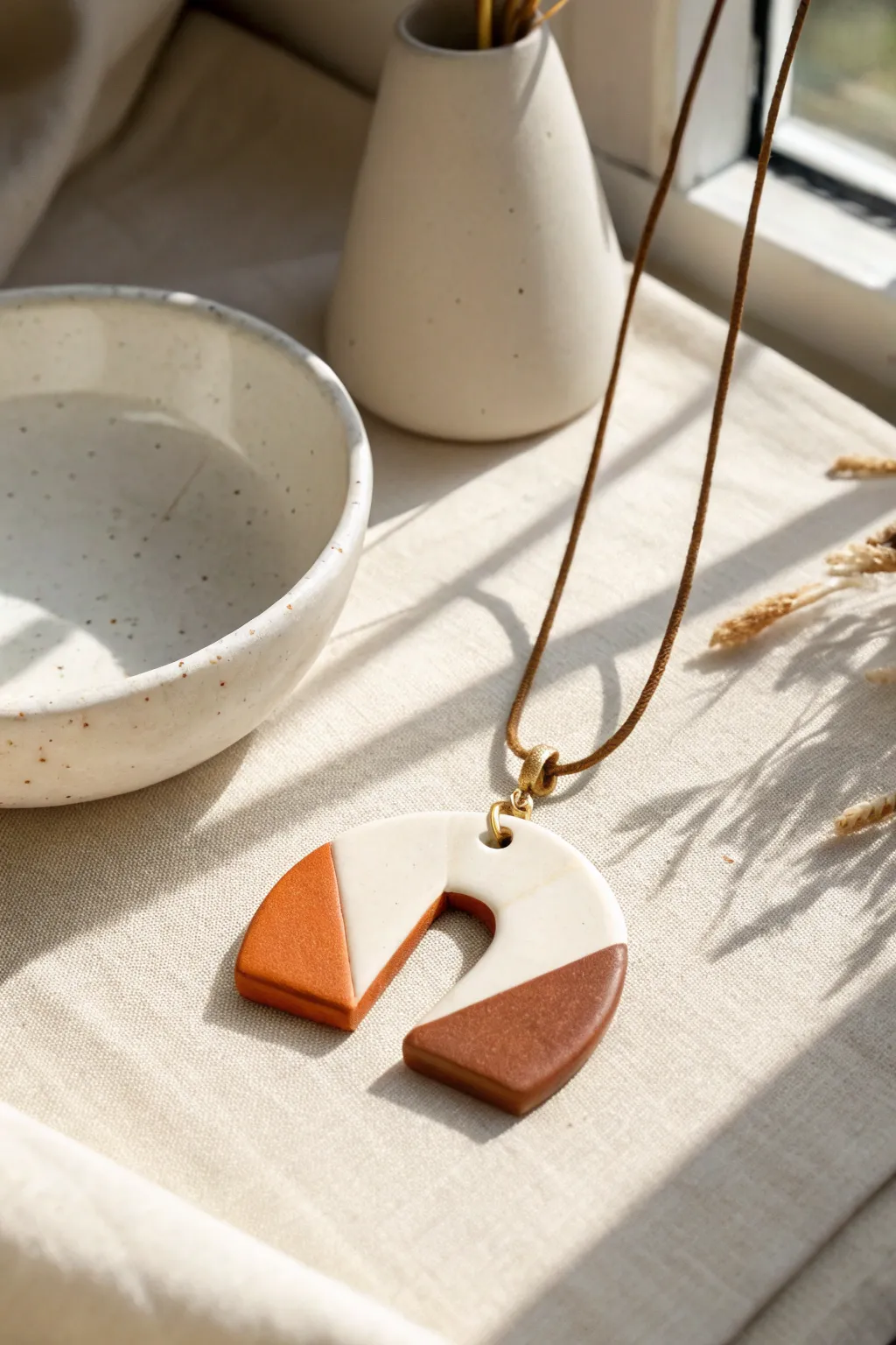 Color-block epoxy clay pendant in terracotta and ivory, minimalist Scandinavian style with boho warmth.