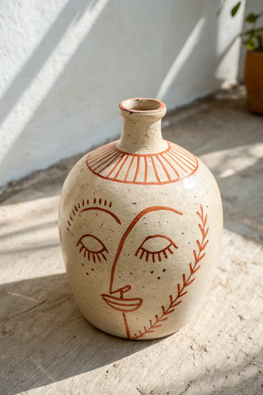 Scribbly slip lines turn this handmade face jug into a minimalist doodle with boho warmth.