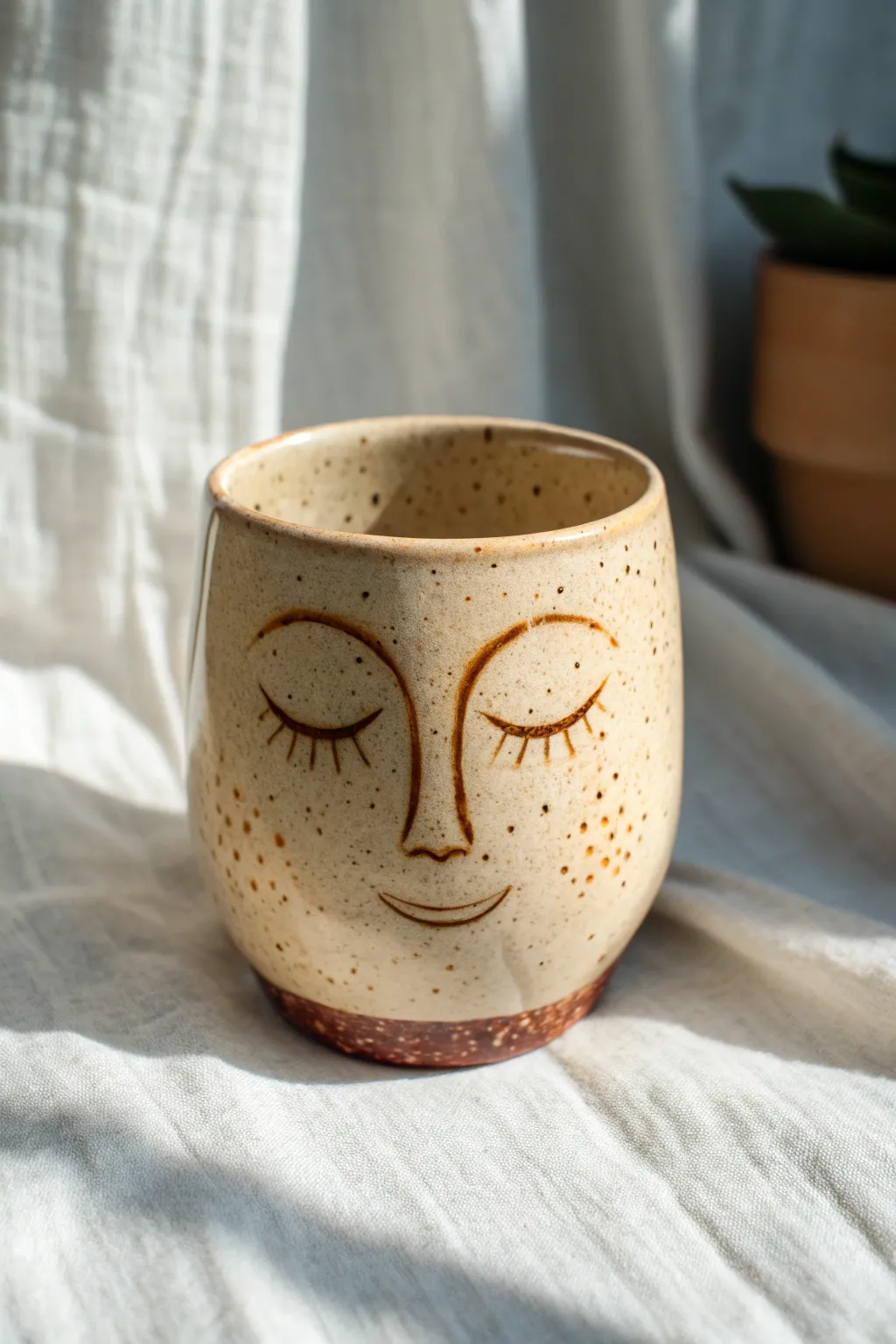 Soft tan freckled face mug with a sweet minimalist nose, perfect for cozy morning coffee.