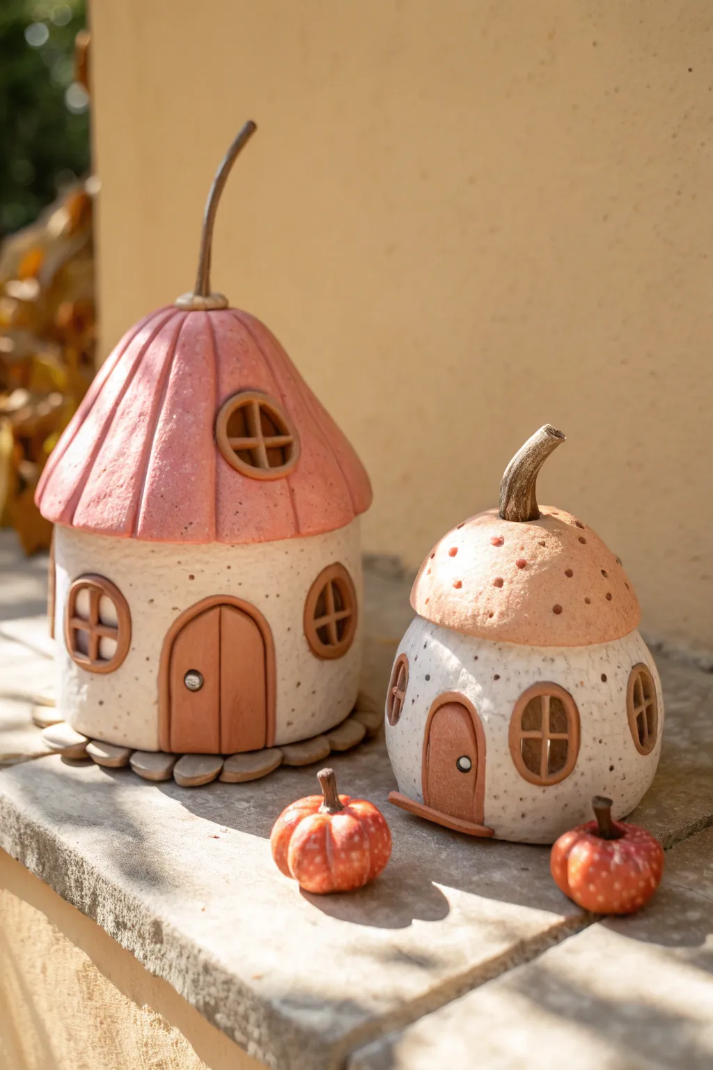 Fruit cottage fairy houses in clay: a cherry and pumpkin duo for a cozy whimsical nook.