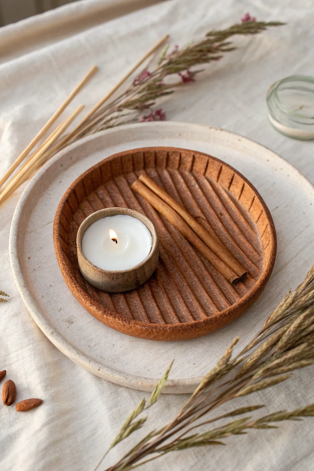 Cozy fall air dry clay trinket plate with cinnamon-stick texture, styled with matches and a tea light.