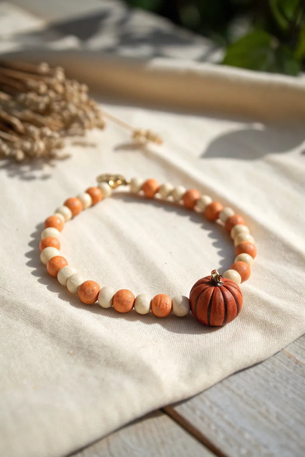Simple fall clay bead bracelet with a rustic mini pumpkin charm in cozy cream and orange tones