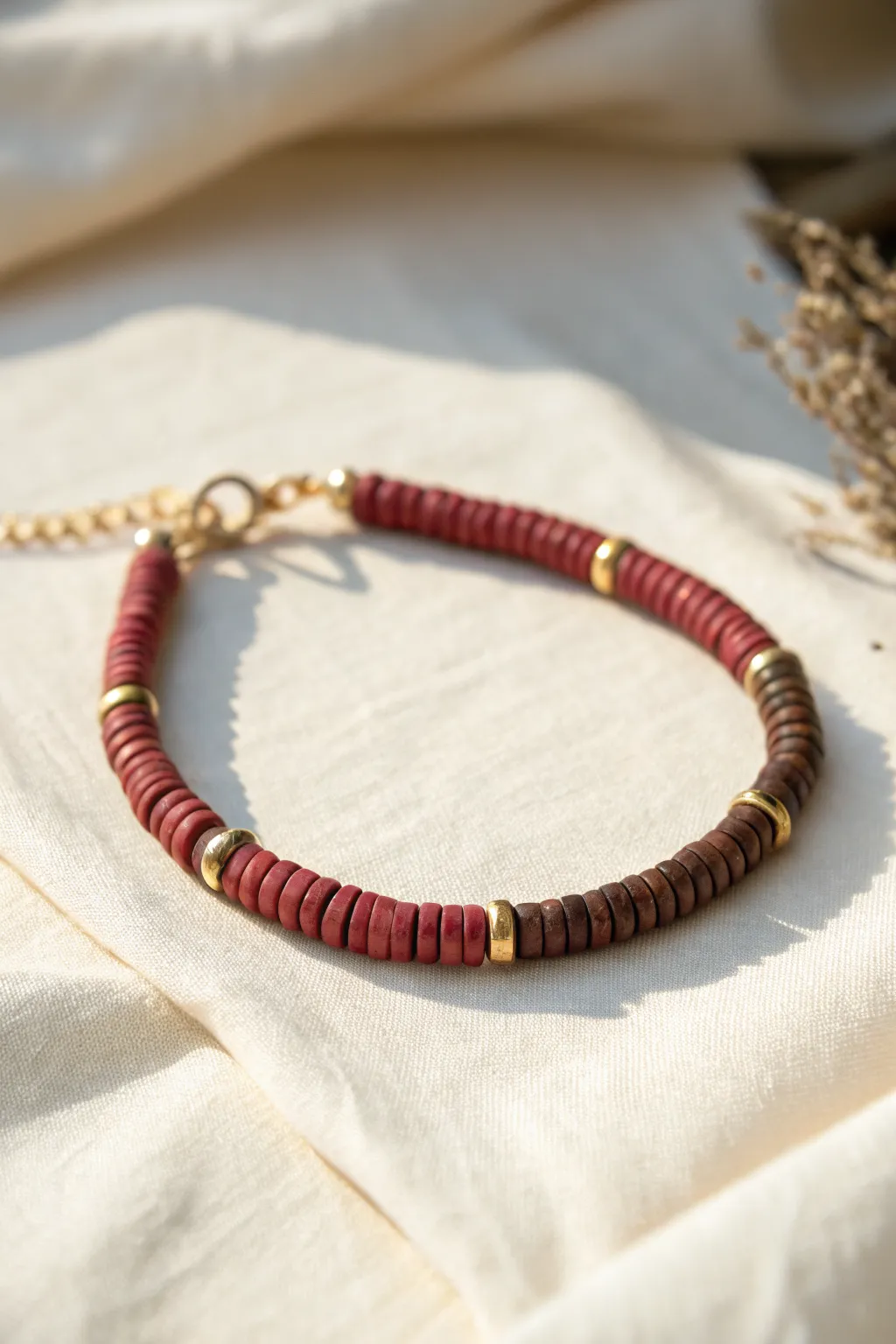 Cranberry and cocoa clay heishi bracelet with a tiny gold accent for an elegant fall look.