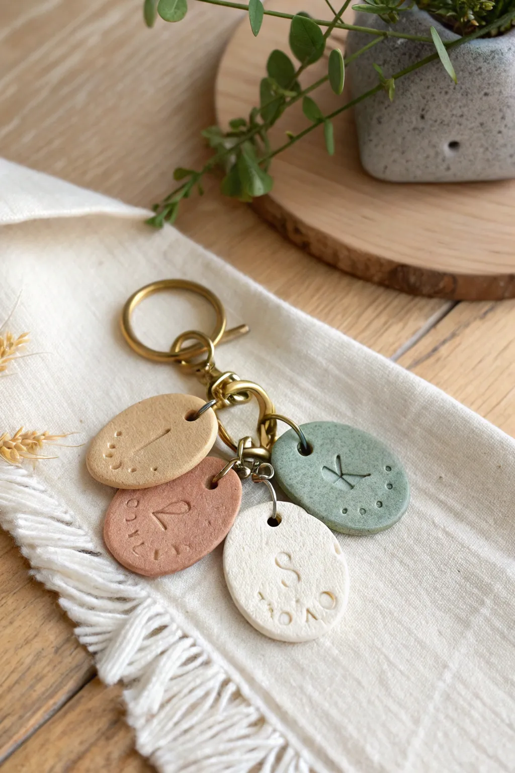 Soft-toned polymer clay charms with stamped initials, a simple DIY for personalized bag tags and gifts.