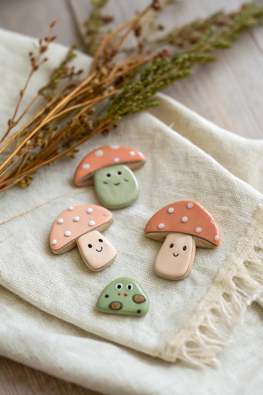 Minimal flat clay mushroom and frog pins on felt, simple details and cozy earthy tones
